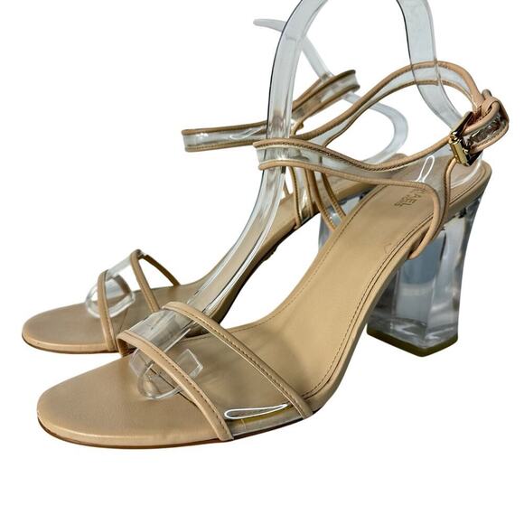 Michael Kors Heels Tori Lucite Clear Plastic Open Toe Buckle Ankle Strap Tan 11 - Picture 1 of 12